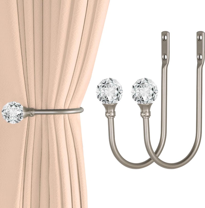 groleca 2 x Heavy Duty U Shaped Metal Curtain Holdbacks Curtain Tiebacks with Clear Crystal Ball Pull Backs Curtain Holders for Drapes (Silver) - Image 1